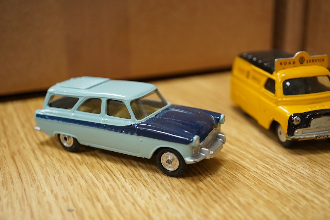 Fourteen 1960s Corgi Toys including; Smiths Karrier ice cream van, Bedford AA van, Land Rover breakdown service, Commer 5-ton Wall’s ice cream van, ERF Model 64G tipping tanker, Hillman Imp, ERF Model 44G flatbed lorry,